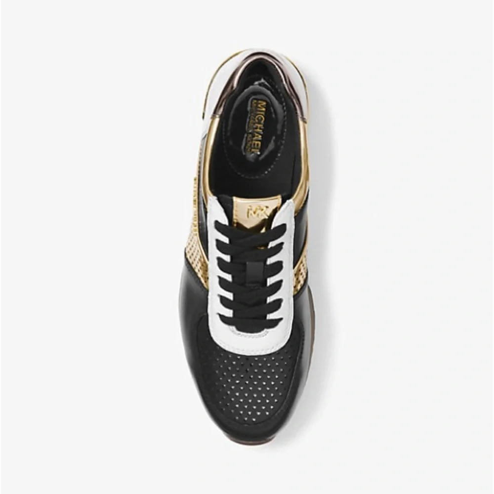 Michael Kors Women's Allie Metallic-Trim Black/Gold Leather Sneakers Sz 8